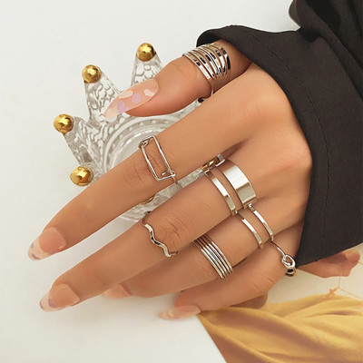 FNIO Punk paprastas sidabro spalvos geometrinis Hollw Out platus žiedų rinkinys moteriškas senovinis pirštų žiedų papuošalas