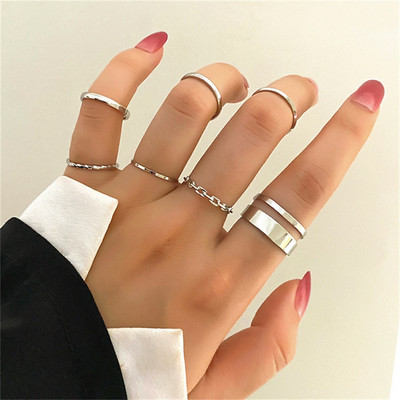 FNIO Punk paprastas sidabro spalvos geometrinis Hollw Out platus žiedų rinkinys moteriškas senovinis pirštų žiedų papuošalas