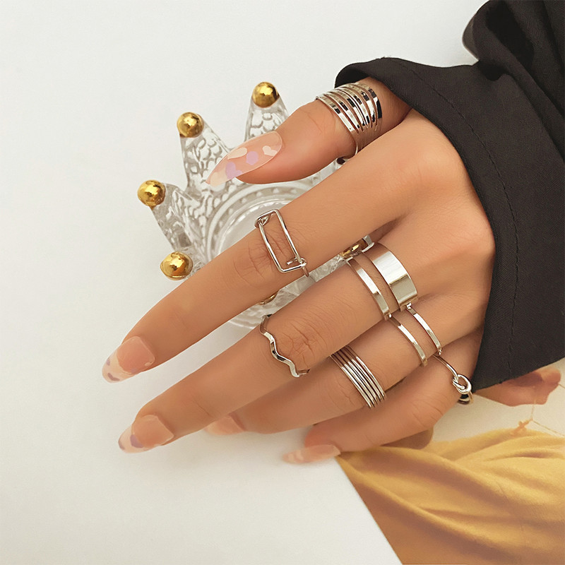 FNIO Punk paprastas sidabro spalvos geometrinis Hollw Out platus žiedų rinkinys moteriškas senovinis pirštų žiedų papuošalas