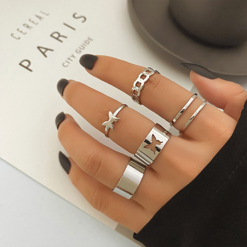 FNIO Punk paprastas sidabro spalvos geometrinis Hollw Out platus žiedų rinkinys moteriškas senovinis pirštų žiedų papuošalas