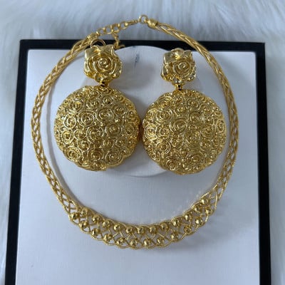 Colier cercei 2 buc. Set de bijuterii Pandantiv mare placat cu aur de lux Nigeria Dubai Seturi de bijuterii de culoare aurie pentru femei
