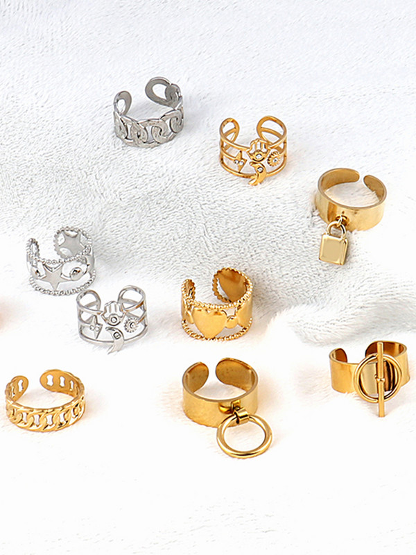 Пръстен от неръждаема стомана Златен цвят Широк пръстен с кръгли пръстени Верига Пръстен за жени Пънк кръгли геометрични отворени пръстени пръстени Бижута