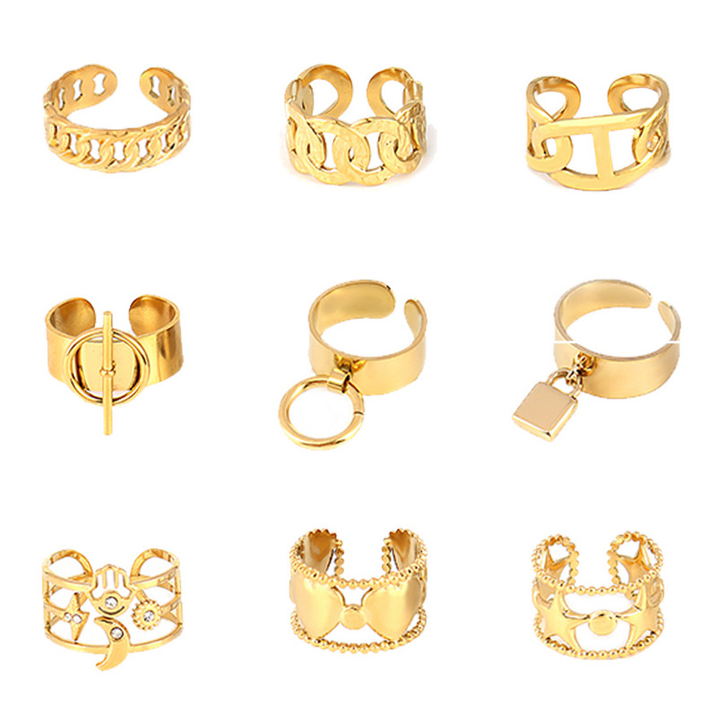 Пръстен от неръждаема стомана Златен цвят Широк пръстен с кръгли пръстени Верига Пръстен за жени Пънк кръгли геометрични отворени пръстени пръстени Бижута