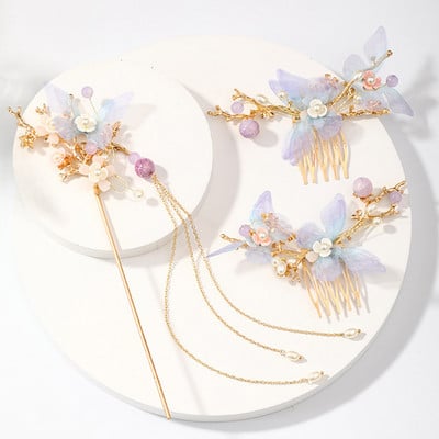 FORSEVEN Accesorii de păr chinezești femei Perle de flori Agrafe de păr cu ciucuri lungi Pieptene de păr Seturi de bijuterii de mireasă
