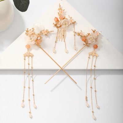 FORSEVEN Accesorii de păr chinezești femei Perle de flori Agrafe de păr cu ciucuri lungi Pieptene de păr Seturi de bijuterii de mireasă