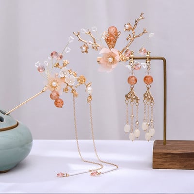 FORSEVEN Accesorii de păr chinezești femei Perle de flori Agrafe de păr cu ciucuri lungi Pieptene de păr Seturi de bijuterii de mireasă