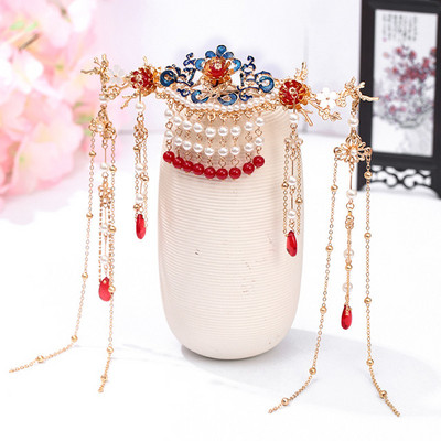 FORSEVEN Accesorii de păr chinezești femei Perle de flori Agrafe de păr cu ciucuri lungi Pieptene de păr Seturi de bijuterii de mireasă