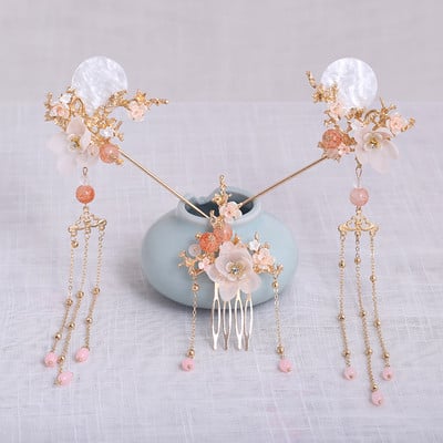 FORSEVEN Accesorii de păr chinezești femei Perle de flori Agrafe de păr cu ciucuri lungi Pieptene de păr Seturi de bijuterii de mireasă