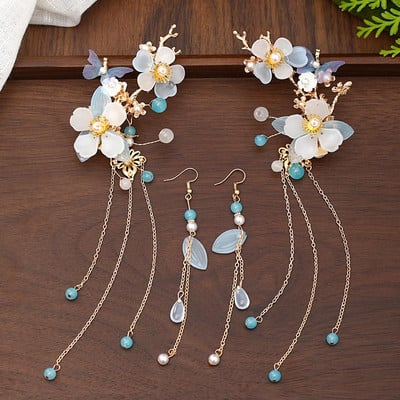 FORSEVEN Accesorii de păr chinezești femei Perle de flori Agrafe de păr cu ciucuri lungi Pieptene de păr Seturi de bijuterii de mireasă
