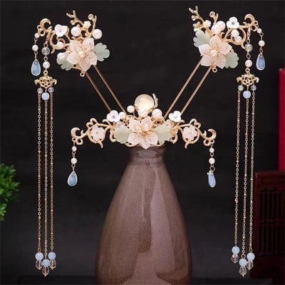 FORSEVEN Accesorii de păr chinezești femei Perle de flori Agrafe de păr cu ciucuri lungi Pieptene de păr Seturi de bijuterii de mireasă