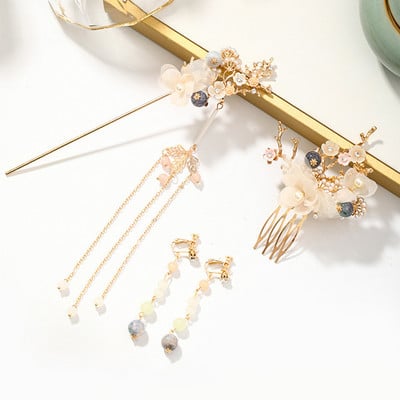 FORSEVEN Accesorii de păr chinezești femei Perle de flori Agrafe de păr cu ciucuri lungi Pieptene de păr Seturi de bijuterii de mireasă