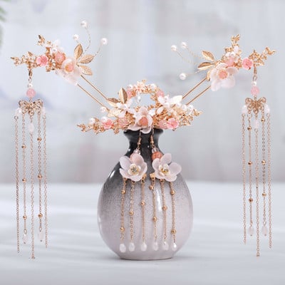 FORSEVEN Accesorii de păr chinezești femei Perle de flori Agrafe de păr cu ciucuri lungi Pieptene de păr Seturi de bijuterii de mireasă