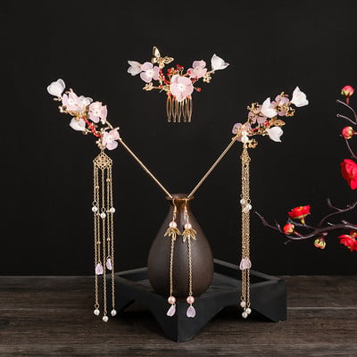 FORSEVEN Accesorii de păr chinezești femei Perle de flori Agrafe de păr cu ciucuri lungi Pieptene de păr Seturi de bijuterii de mireasă