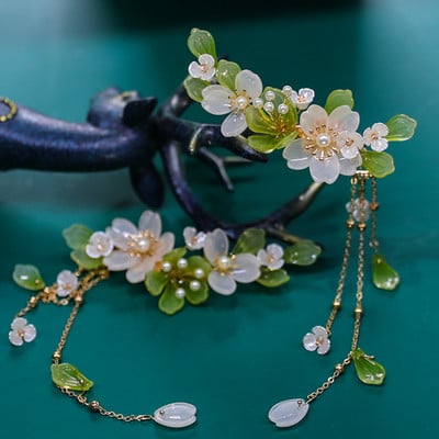 FORSEVEN Accesorii de păr chinezești femei Perle de flori Agrafe de păr cu ciucuri lungi Pieptene de păr Seturi de bijuterii de mireasă