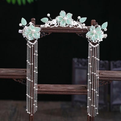 FORSEVEN Accesorii de păr chinezești femei Perle de flori Agrafe de păr cu ciucuri lungi Pieptene de păr Seturi de bijuterii de mireasă
