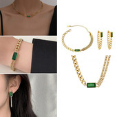 Set de bijuterii populare, auriu, lanț lung, dreptunghi geometric, cristal verde, stras, zircon, cercei, brățară, colier pentru femei