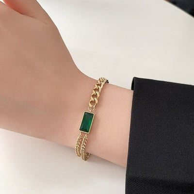 Set de bijuterii populare, auriu, lanț lung, dreptunghi geometric, cristal verde, stras, zircon, cercei, brățară, colier pentru femei