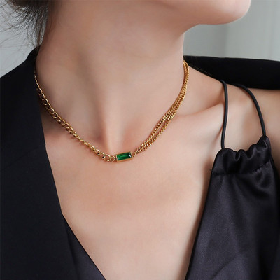 Set de bijuterii populare, auriu, lanț lung, dreptunghi geometric, cristal verde, stras, zircon, cercei, brățară, colier pentru femei