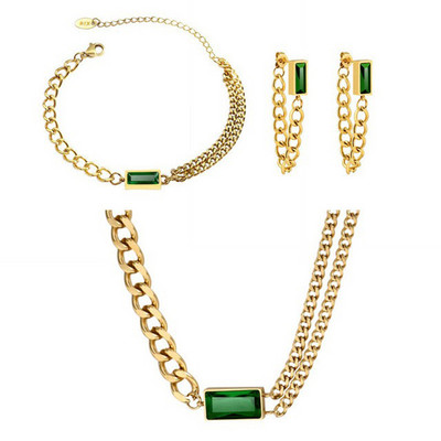 Set de bijuterii populare, auriu, lanț lung, dreptunghi geometric, cristal verde, stras, zircon, cercei, brățară, colier pentru femei