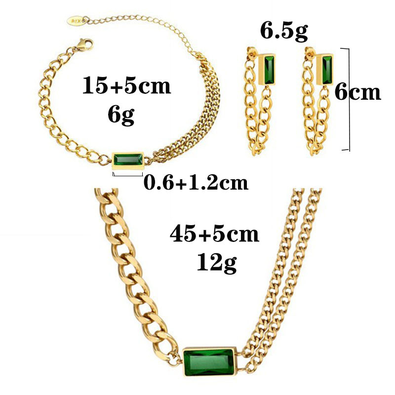 Set de bijuterii populare, auriu, lanț lung, dreptunghi geometric, cristal verde, stras, zircon, cercei, brățară, colier pentru femei