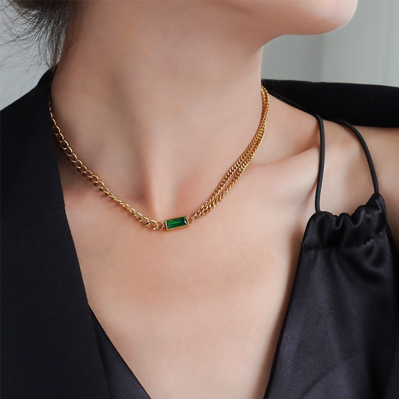 Set de bijuterii populare, auriu, lanț lung, dreptunghi geometric, cristal verde, stras, zircon, cercei, brățară, colier pentru femei