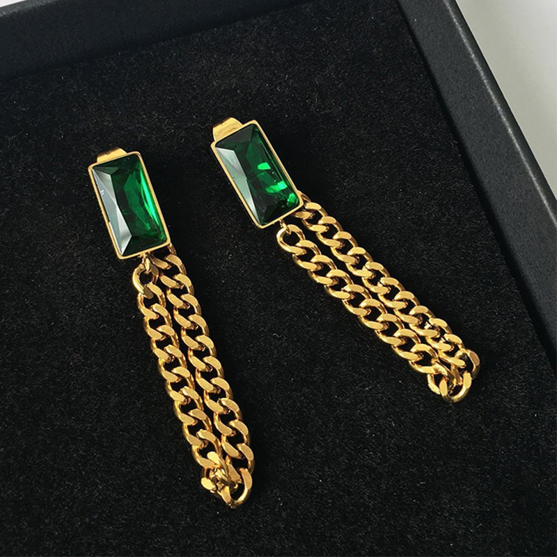Set de bijuterii populare, auriu, lanț lung, dreptunghi geometric, cristal verde, stras, zircon, cercei, brățară, colier pentru femei