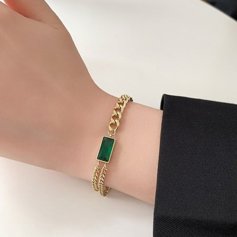 Set de bijuterii populare, auriu, lanț lung, dreptunghi geometric, cristal verde, stras, zircon, cercei, brățară, colier pentru femei