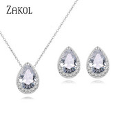 ZAKOL Seturi de bijuterii din zirconiu cubic de culoare albă clasică, picătură de apă, pentru femei, nuntă, cercei cu lacrimi, colier, brățară