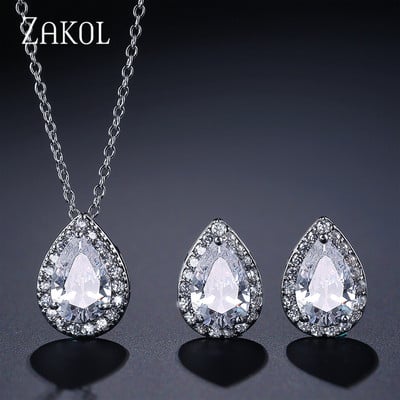 ZAKOL Seturi de bijuterii din zirconiu cubic de culoare albă clasică, picătură de apă, pentru femei, nuntă, cercei cu lacrimi, colier, brățară