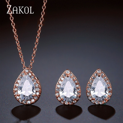 ZAKOL Seturi de bijuterii din zirconiu cubic de culoare albă clasică, picătură de apă, pentru femei, nuntă, cercei cu lacrimi, colier, brățară