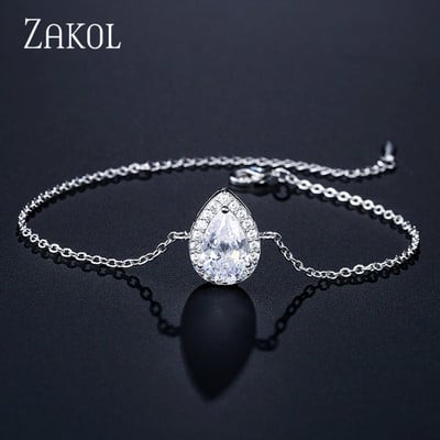 ZAKOL Seturi de bijuterii din zirconiu cubic de culoare albă clasică, picătură de apă, pentru femei, nuntă, cercei cu lacrimi, colier, brățară