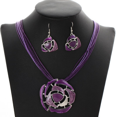 MINHIN Set de bijuterii de nuntă retro din piele, frânghii multiple, geometrie, pandantiv, coliere, cercei, seturi de bijuterii cu strasuri pentru femei