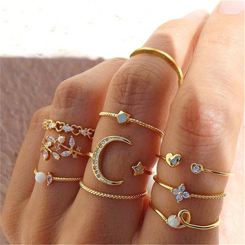 KOTiK Модерен бохемски миди комплект пръстени за кокалчета за жени Златен цвят, кристално сърце, цвете, луна, геометрични пръстени, пръстени, бижута, подаръци