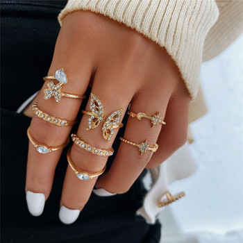 KOTiK Модерен бохемски миди комплект пръстени за кокалчета за жени Златен цвят, кристално сърце, цвете, луна, геометрични пръстени, пръстени, бижута, подаръци
