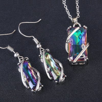 Set de inel/colier de piatră dreptunghiulară multicoloră Huitan, design nou, petrecere de aniversare, set de vânzare directă din fabrică de bijuterii pentru femei