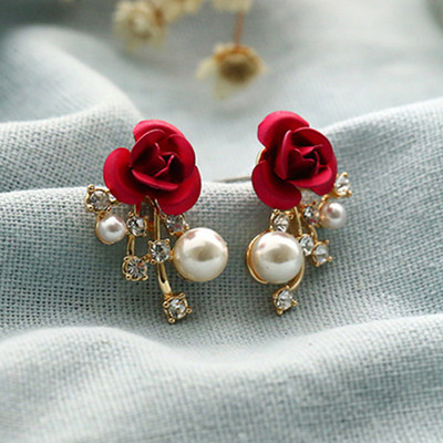 Retro klasszikus borvörös virágos bojt fülbevaló nőknek temperamentum hosszú függő fülköröm koreai stílusú ékszer