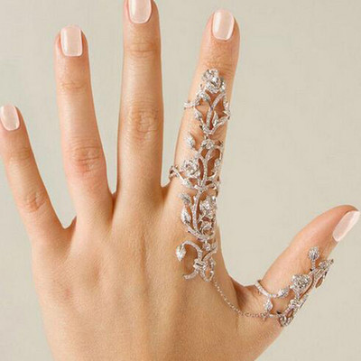 Νέο Μόδα Δαχτυλίδι με Δαχτυλίδι με Δαχτυλίδι Πλήρης Rhinestone Vintage Flower Δαχτυλίδι Διπλό Δάχτυλο για Γυναικείες Κοσμήματα Αξεσουάρ δώρου για κορίτσια