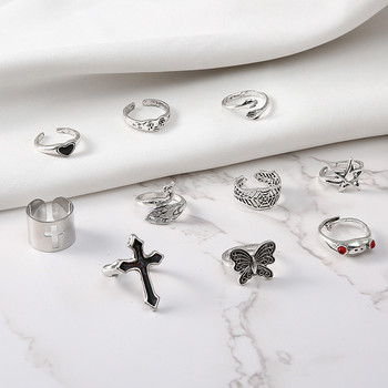 LATS Винтидж сребърен пръстен с кръст за жени Готически пънк стиймпънк плачещо лице Пеперуда жаба комплекти пръстени Парти модни бижута