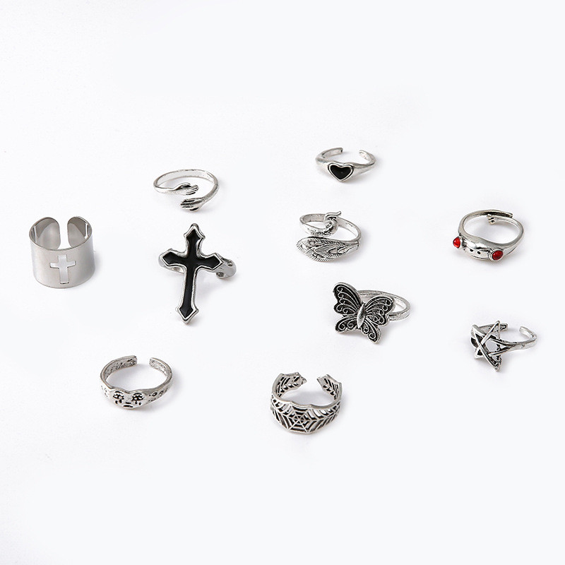 LATS Vintage ασημένιο χιαστί δαχτυλίδι για γυναίκες Gothic Punk Steampunk Crying Face Πεταλούδα Δαχτυλίδι Βάτραχος Σετ Κοσμήματα μόδας για πάρτι