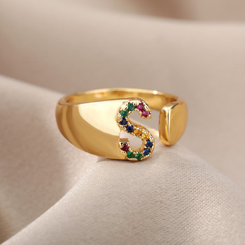 Пръстени с букви от дъга и циркон за жени от неръждаема стомана AZ Начален пръстен Регулируем пръстен за пръсти Сватбени пръстени за двойка Бохо бижута