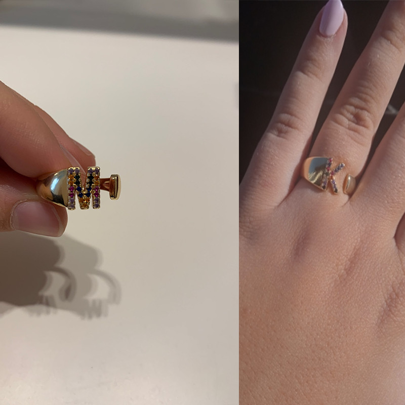 Inele cu litere de zircon curcubeu pentru femei Inel inițial AZ din oțel inoxidabil Inel de deget reglabil Inele de cuplu de nuntă Bijuterii Boho