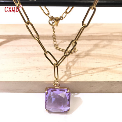 Colier cu pandantiv din sticlă pătrată, colorată, pentru femei, lanț din oțel inoxidabil, cercei de modă, bijuterii, set de accesorii originale