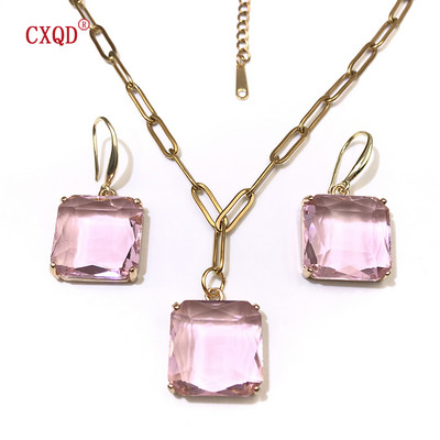 Colier cu pandantiv din sticlă pătrată, colorată, pentru femei, lanț din oțel inoxidabil, cercei de modă, bijuterii, set de accesorii originale