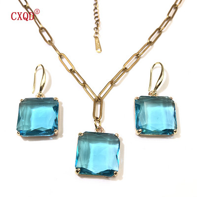 Colier cu pandantiv din sticlă pătrată, colorată, pentru femei, lanț din oțel inoxidabil, cercei de modă, bijuterii, set de accesorii originale