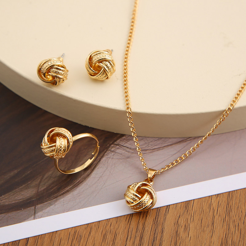 La modă, geometric, culoare auriu, aliaj de metal răsucit, cercei cu nod norocos, colier, inel, set de bijuterii pentru femei, fete, accesorii vintage