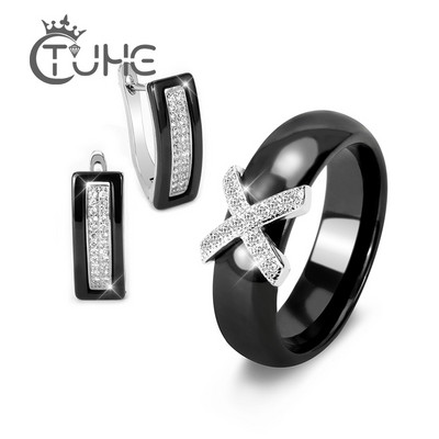 Trend 2020 Set de bijuterii din oțel inoxidabil, negru, alb, ceramică, pentru femei, AAA, cu zircon cubic, set de cercei, cadou de Crăciun