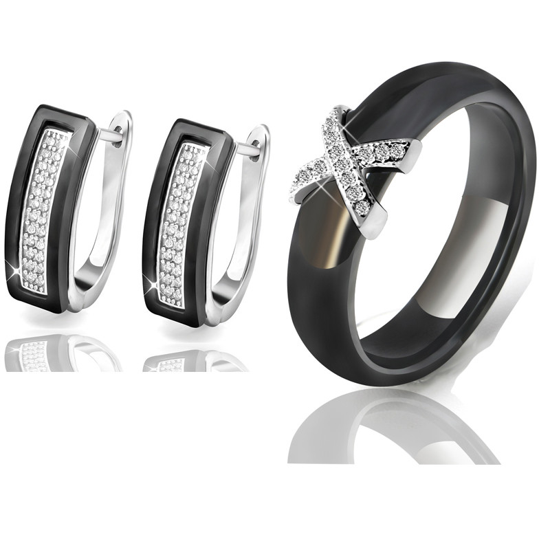 Trend 2020 Set de bijuterii din oțel inoxidabil, negru, alb, ceramică, pentru femei, AAA, cu zircon cubic, set de cercei, cadou de Crăciun