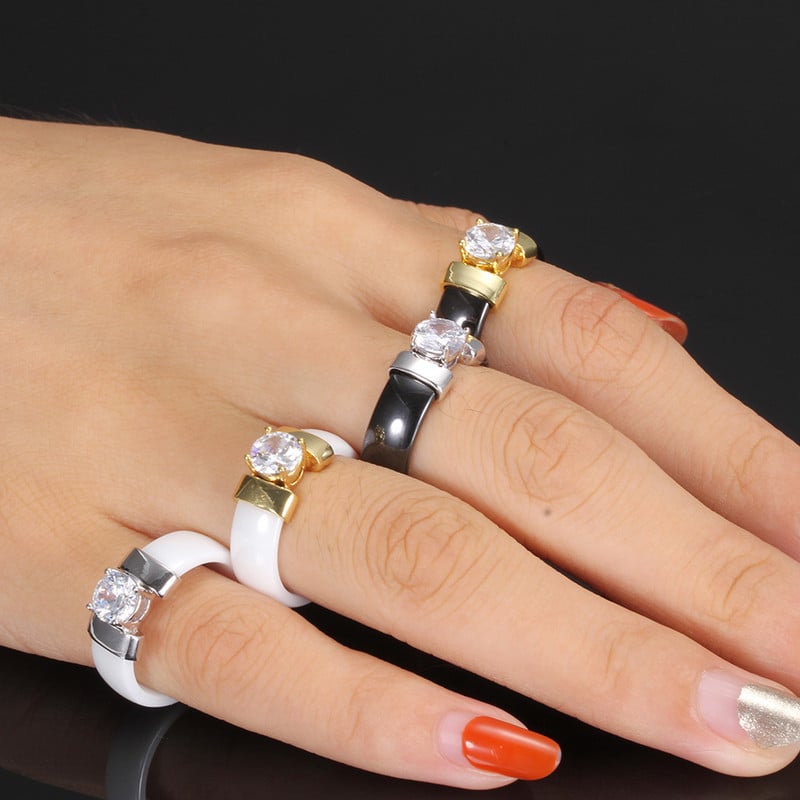Inele din ceramică, alb, negru, 6 mm, plus zirconiu cubic, pentru femei, de culoare aurie, din oțel inoxidabil, bijuterii de logodnă pentru femei.