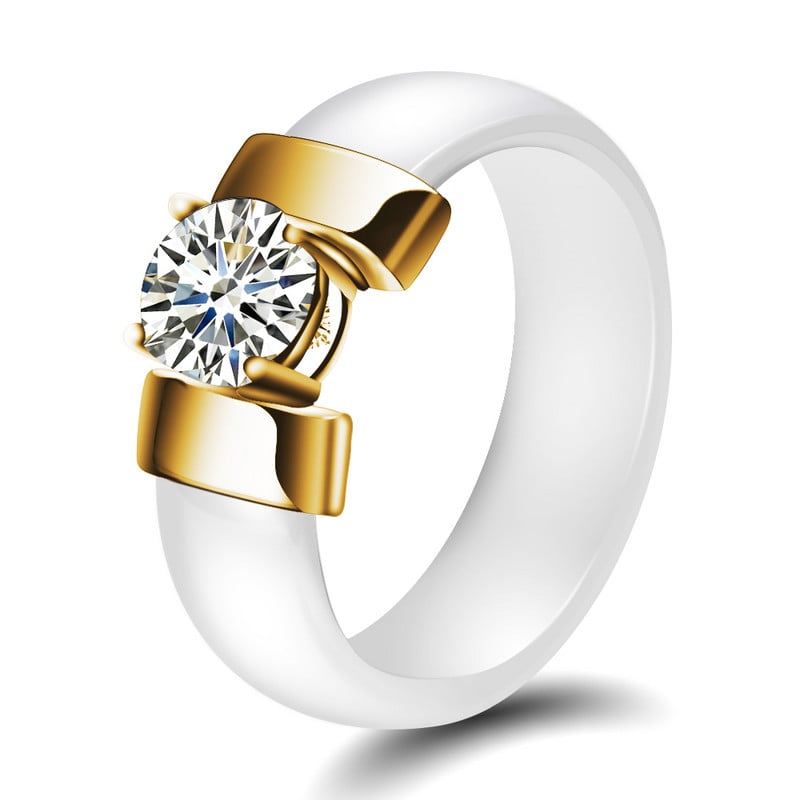 Inele din ceramică, alb, negru, 6 mm, plus zirconiu cubic, pentru femei, de culoare aurie, din oțel inoxidabil, bijuterii de logodnă pentru femei.