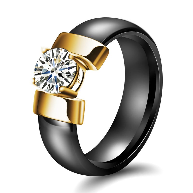 Inele din ceramică, alb, negru, 6 mm, plus zirconiu cubic, pentru femei, de culoare aurie, din oțel inoxidabil, bijuterii de logodnă pentru femei.